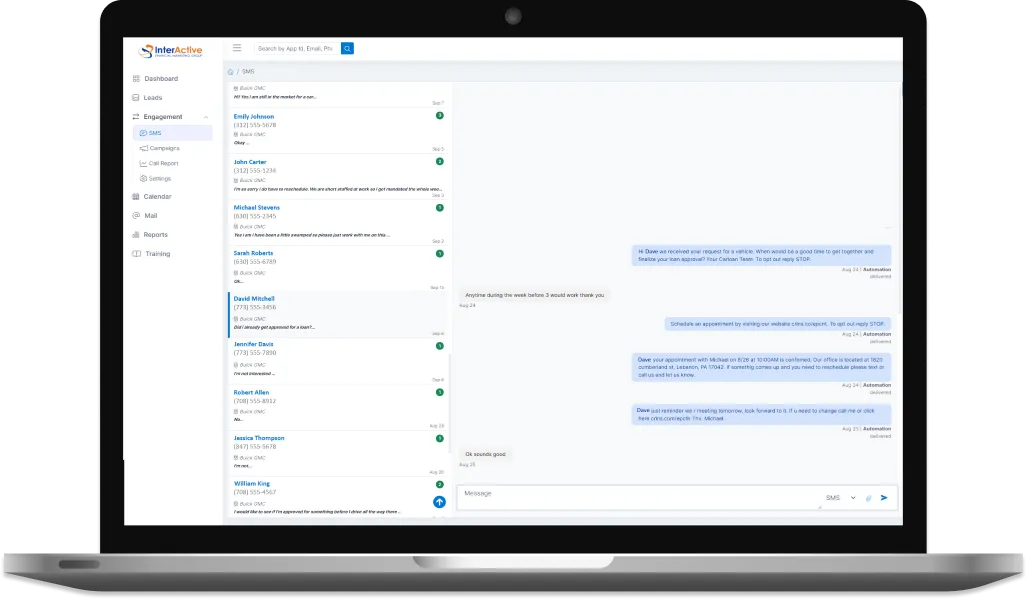 The Dollar engagement screen on a laptop, showing an SMS conversation with a lead