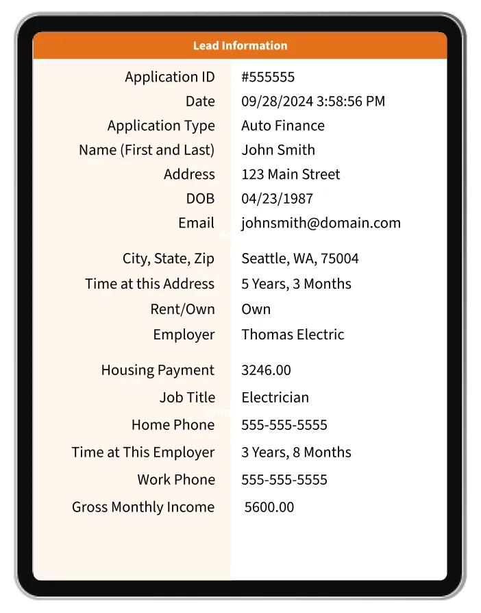 A CarLoan101 lead record on a tablet, showing the applicant's contact, employment, and income detail