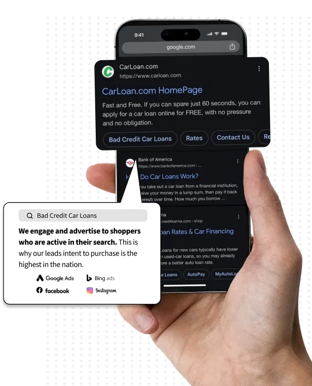 A shopper searching for bad credit car loans on their phone, with CarLoan.com in the results